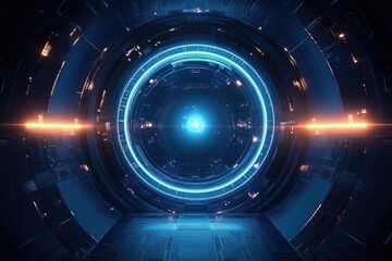 glowing circular portal inside a metallic tunnel with blue core, concentric rings, orange light flares and an illuminated walkway conveying futuristic awe and mystery