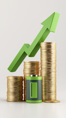 Stack gold coin battery ascend height stand upward arrow money growth rise investment return increase profit.