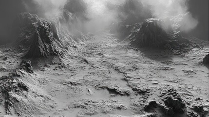 monochrome desolate rocky landscape with jagged mesas, foggy valleys and dramatic shadows conveying an eerie lonely atmosphere