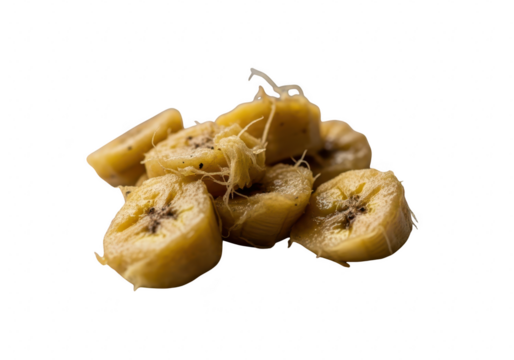Pile of sliced overripe bananas isolated on transparent background, showcasing their soft texture and sweet, slightly fermented flavor