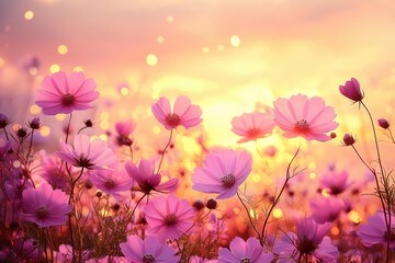 Field of pink cosmos flowers glowing in warm golden sunset with soft bokeh light, delicate petals and a dreamy serene evening mood