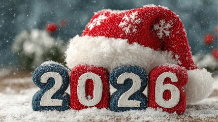 Blue-tone winter night "2026" sculpted snow lettering with Santa cap, swirling flakes—winter campaign key-visual in one click