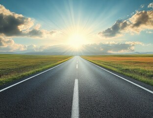 Fototapeta premium straight two-lane road stretching to a bright sunrise over green fields under blue sky and clouds, sun rays bursting forward, evoking hope and freedom