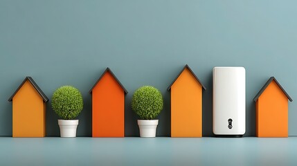 Pastel house objects lined up on blue horizon—aroma diffuser, bins, pillow—lookbook, app splash or pack insert one-click