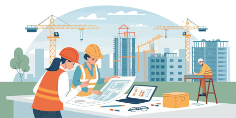 Dynamic construction team reviewing blueprints for new development, showcasing collaboration and expertise in modern urban architecture projects