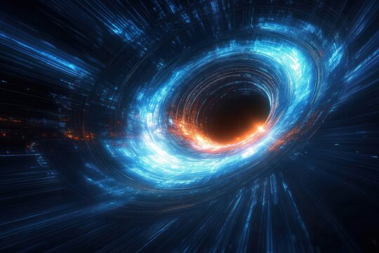 glowing blue circular energy vortex with bright filaments, orange sparks and streaking light beams around a dark central void, evoking awe and cosmic mystery - Powered by Adobe