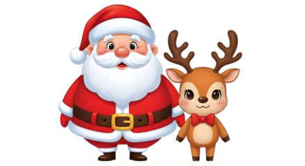 Cute cartoon santa claus standing next to a reindeer