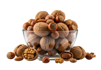 A glass bowl overflowing with a variety of mixed nuts isolated on transparent background, a healthy and delicious snack option