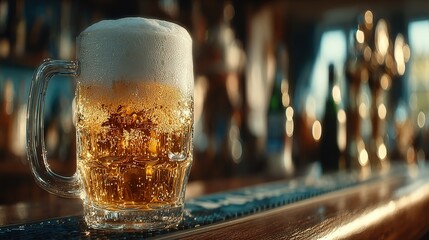 Single beer glass center-bar close-up, warm lights shallow-DOF, perfect for brand poster, event banner or food-app listing