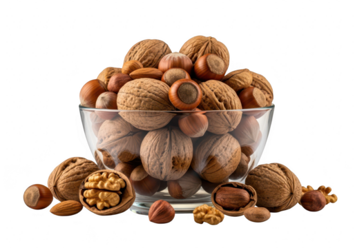 A glass bowl overflowing with a variety of mixed nuts isolated on transparent background, a healthy and delicious snack option