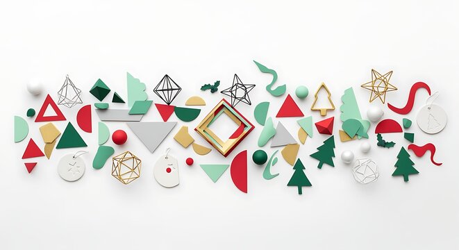 Arrangement of Geometric Christmas Ornaments on White Background