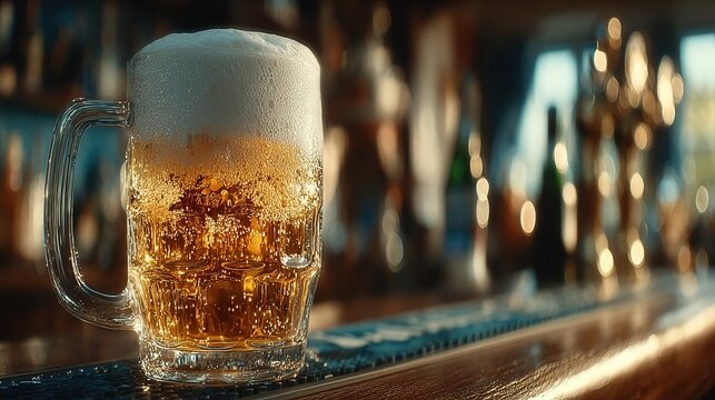 Single beer glass center-bar close-up, warm lights shallow-DOF, perfect for brand poster, event banner or food-app listing