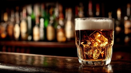 Front-view beer glass on bar counter, blurred bokeh backdrop, copy space for e-commerce hero, menu cover or social header