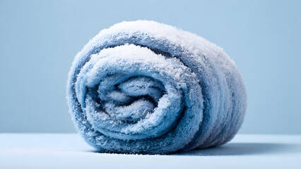 Cozy blue towel dusted with pristine white snow, evoking winter comfort and crisp, clean refreshment for a serene, cool ambiance