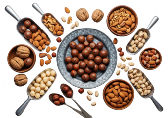 Assortment of various nuts in bowls and scoops isolated on transparent background for healthy eating and snack options