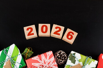 Happy New Year 2026, Christmas 2026, Christmas gifts placed in a festive atmosphere 