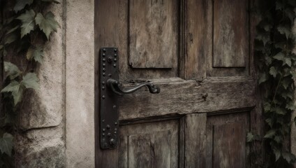 Old weathered wooden door with a rustic iron handle and lock.