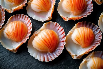 fresh orange scallops nestled in half shells on a dark slate, glistening and arranged appetizingly with an elegant, vibrant seafood presentation