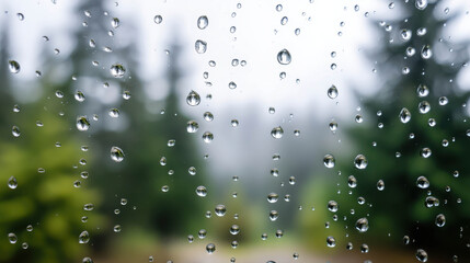 Close-Up of Raindrops Sliding Down a Glass Window Showcasing a Beautiful Nature Background with Trees and Soft Focus