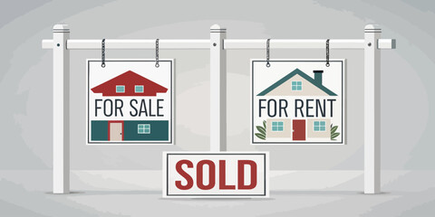 Real estate signs showcase properties for sale and rent, symbolizing the market's dynamics and opportunities for homeowners and renters alike