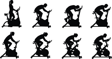 Exercise bike silhouette set, gym workout people, spinning class vector, fitness cardio training, stationary cycling, indoor sport, healthy lifestyle illustration, active man woman