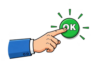 Hand pressing green ok button isolated on transparent background