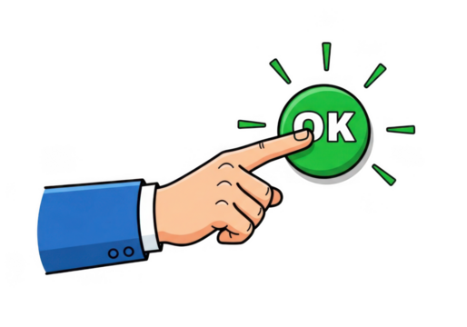 Hand pressing green ok button isolated on transparent background