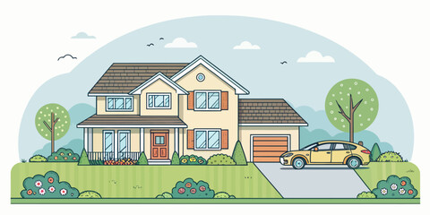 Dream home with yellow car parked in driveway, surrounded by lush greenery and a peaceful sky, perfect for real estate and suburban lifestyle concepts