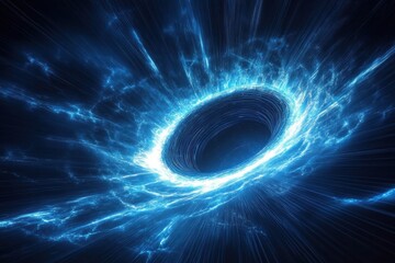Glowing blue cosmic vortex with swirling energy ring around a dark central hole, radiating intense, awe-inspiring light streaks
