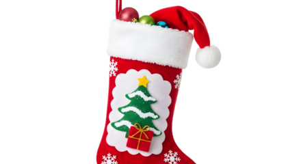 A festive red christmas stocking filled with gifts and ornaments