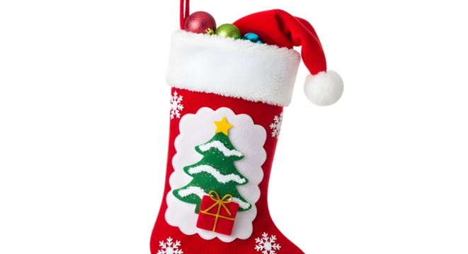 A festive red christmas stocking filled with gifts and ornaments
