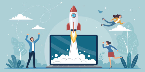 Excited team celebrates rocket launch from laptop, symbolizing startup success, business growth, and innovative technology for a bright, modern future