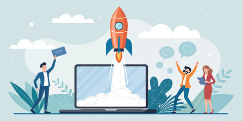 Innovative startup team celebrating project launch and business growth with rocket soaring from laptop, symbolizing success and achieving goals fast
