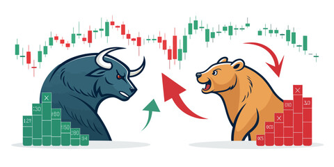 Naklejka premium Dynamic bull versus bear market illustration showcasing stock trading trends, perfect for financial analysis and investment strategy presentations and business reports