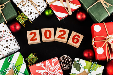 Happy New Year 2026, Christmas 2026, Christmas gifts placed in a festive atmosphere 
