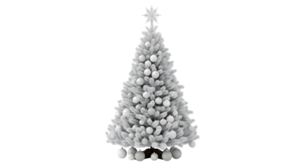 A frosted white christmas tree decorated with white ornaments and a star topper, isolated on a transparent background