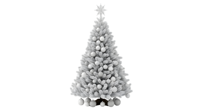 A frosted white christmas tree decorated with white ornaments and a star topper, isolated on a transparent background