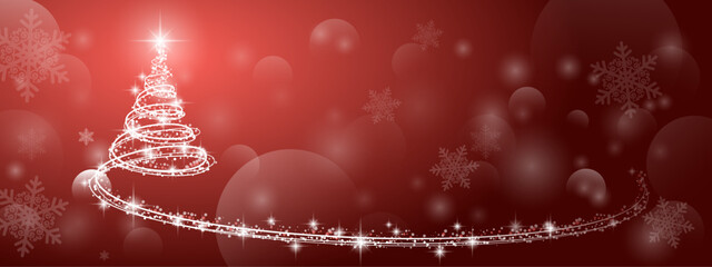 Fairy light spiral shiny sparkling christmas tree lines banner with snowflakes and bokeh on red background