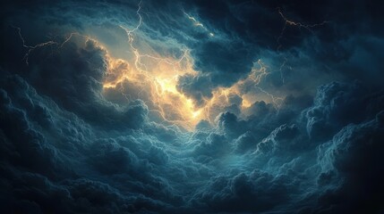 Swirling dark storm clouds parted by a glowing golden rift and jagged lightning bolts, a dramatic and awe-inspiring turbulent sky