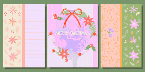 Three merry christmas greeting cards with floral and berry designs in pastel colors