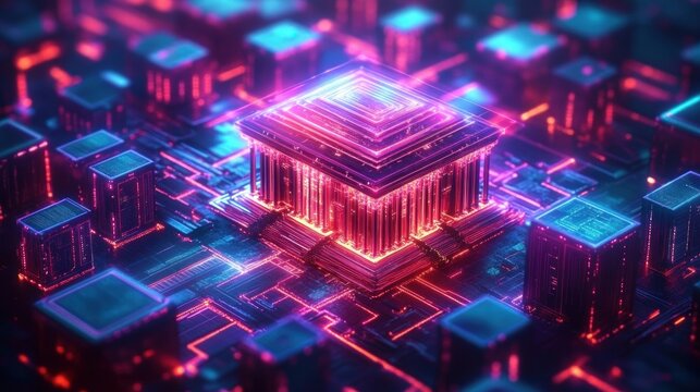 Glowing layered central processor on a neon circuit board surrounded by cubical modules and illuminated traces, vibrant magenta and cyan lights evoking futuristic high-energy intensity