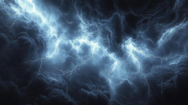 Ominous turbulent storm sky with dark billowing clouds illuminated by branching blue-white lightning bolts, dramatic intense atmosphere of raw power and energy - Powered by Adobe