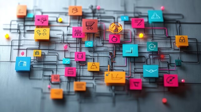 Colorful square app icons connected by black circuit-like wires on a metallic surface, glowing nodes and lines forming a dynamic digital network, energetic and futuristic