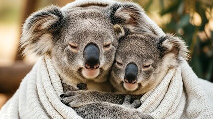 Adorable koala mother and baby cuddling sweetly under a cozy knitted blanket