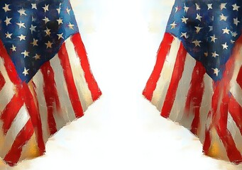 mirrored waving american flags with stars and stripes in a painterly watercolor style framing a bright white center, evoking patriotic pride and solemn celebration
