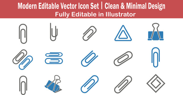 Flat 2D vector icon set featuring ten unique paper clip designs in clean minimal modern graphic style