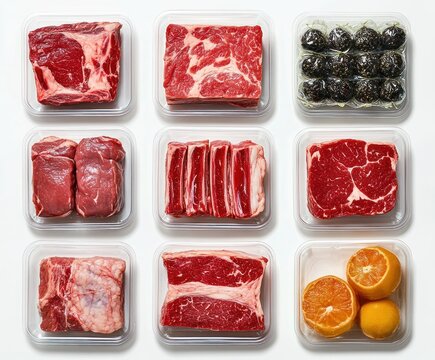 nine clear plastic trays in a grid holding assorted raw red meat cuts, a tray of dark marinated spheres, and a tray with halved oranges, conveying freshness and order