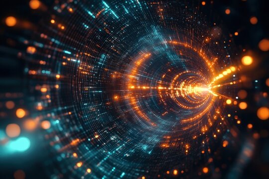 Swirling glowing orange and blue digital tunnel of particles and light streaks, a futuristic data vortex conveying speed, energy and immersive motion