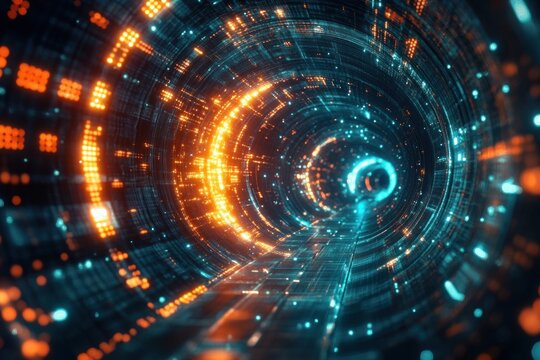futuristic glowing digital tunnel with concentric circuitry rings and blue and orange lights conveying an immersive energetic mysterious mood