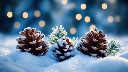 Three snow-dusted pine cones nestled in fresh snow with evergreen sprigs and warm bokeh lights, evoking a serene winter calm